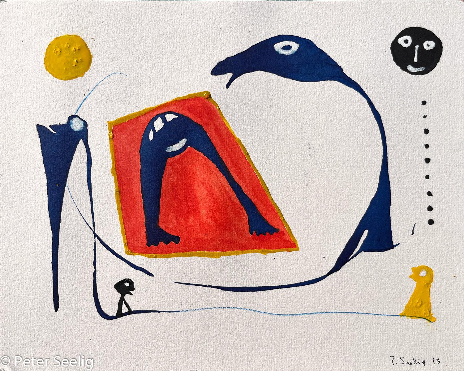 Dialogue Beyond Reason Moon-Tugged Strings Pluck Sunbeams a Penguin Attacks an Umbrella - acrylic ink on paper , 24x30cm , 2023 , (WOP20230685)