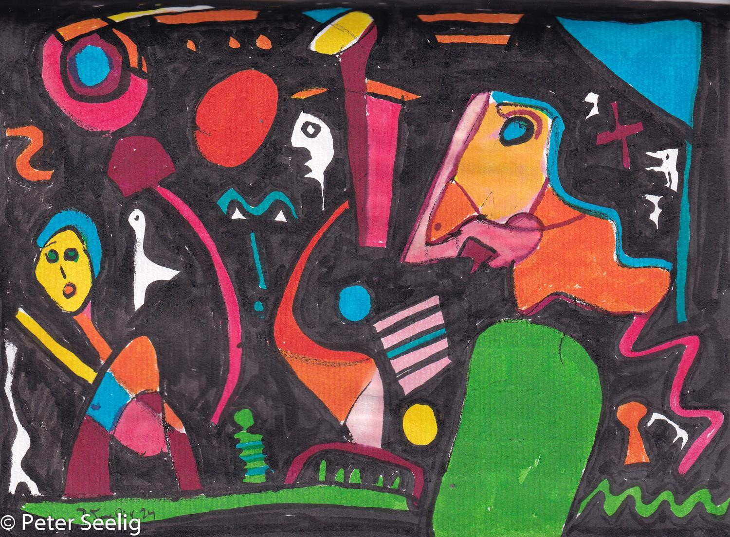 On Easter Sunday, as dawn enveloped the world in its enigmatic embrace, the whispers of a hidden cosmic egg carried the sweet promise to discover a treasure of chocolate - ink , 20x15cm , 2024 , (MAJ20240102007)