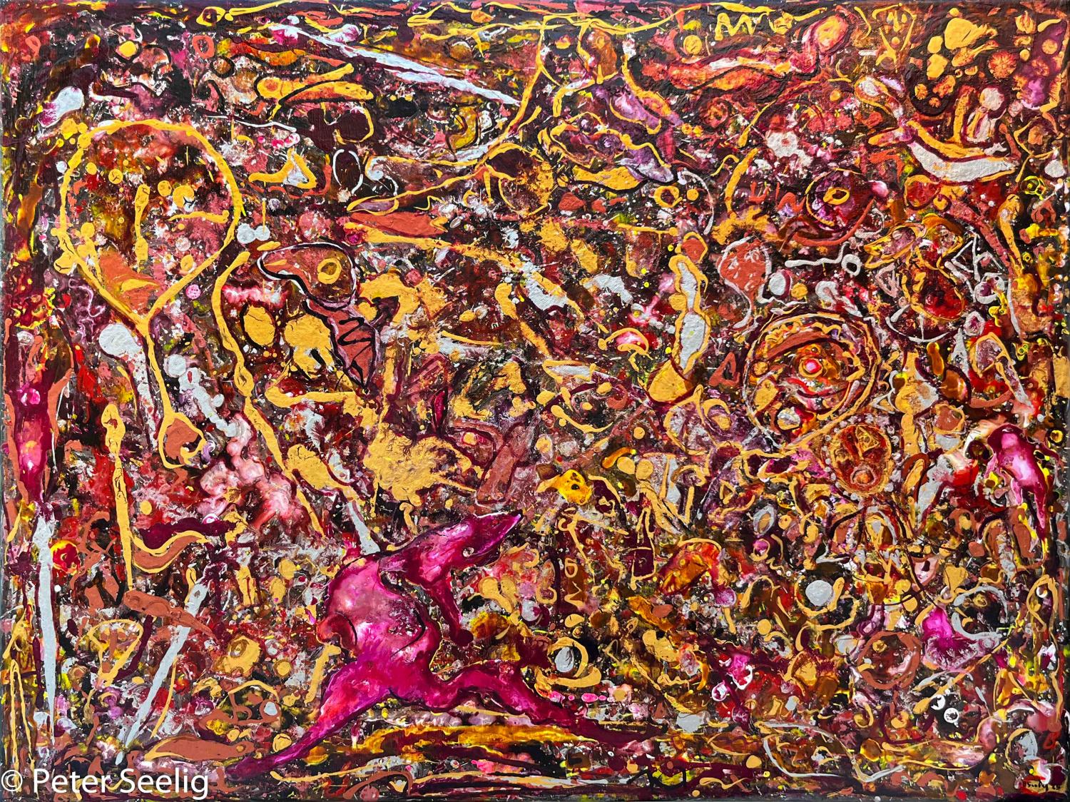 L’oro sanguinava si è dissolto nel pensiero - In che film siamo?!? - acrylic ink on canvas , 60x80cm , 2025 , (P202508001)